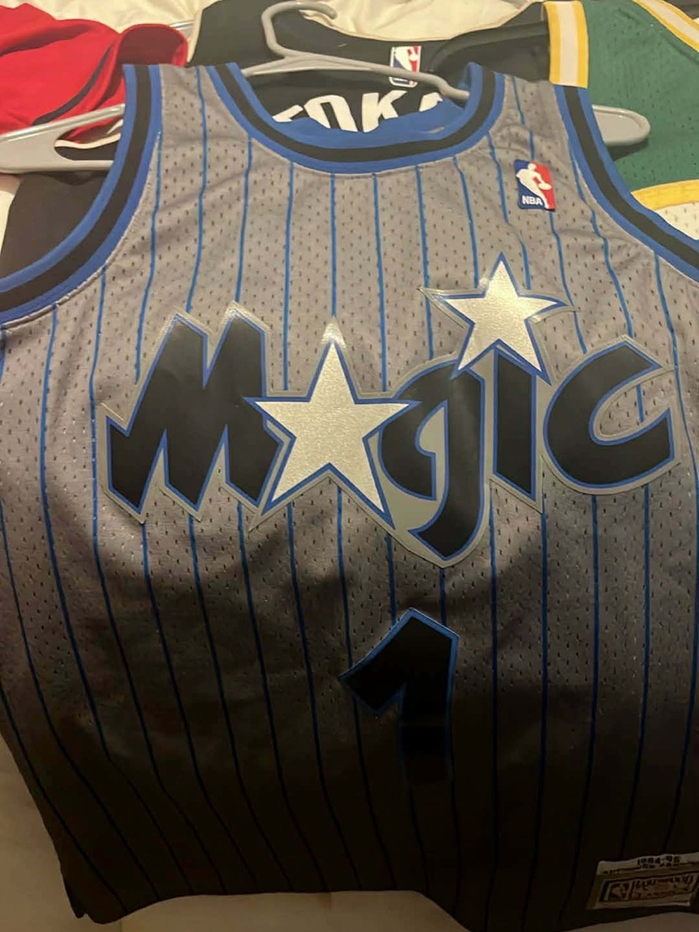 Mitchell & Ness Orlando Magic Gray and Blue Pinstripe Jersey / Penny Hardaway